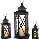 DECORKEY 3PCS (20’’&13’’&9’’) Lanterns Decorative Indoor & Outdoor, Vintage Metal Frame Candle Holders for Front Porch, Patio, Pathway, Balcony, Garden, Yard Decor, Halloween Christmas Decorations