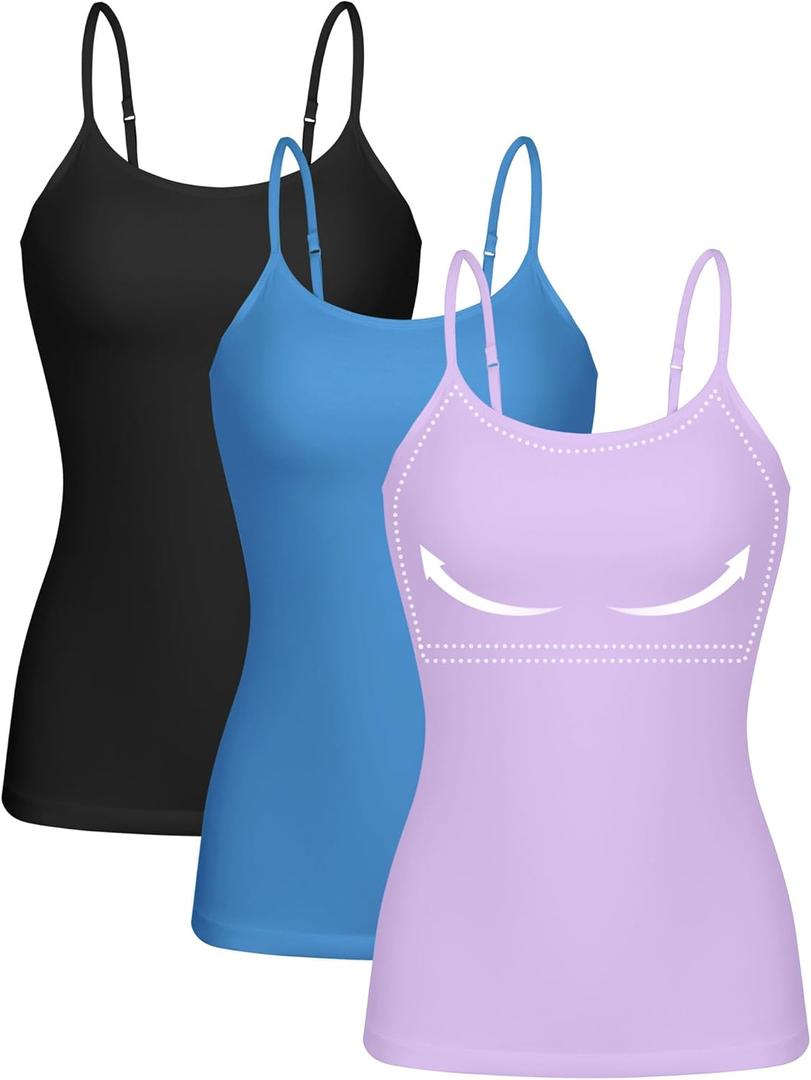 ATTRACO Women 3 Pack Cotton Camisoles wtih Shelf Bra Adjustable Spaghetti Strap Tank Tops (Small, #3 Black/Lavender/Steel Blue)