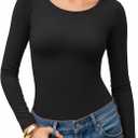 MANGOPOP Womens Tops Long Sleeve Crew Neck t Shirts Double Lined Slim Fitted Lined Tight Basic Tee Shirt (Large, Black)