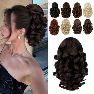 Ponytail Extension, 9" Claw Clip in Short Curly Wavy Ponytails Hair Extensions Jaw Clip on Ponytail Hairpiece for Women Dark Brown