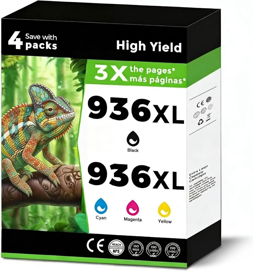 936XL (936e) Ink Cartridges Combo Pack Replacement for HP 936 e XL for OfficeJet 9122e Pro 9125e 9130e 9120b 9120e 9128 9128e 9110b 9110e 9130 9130b 9135 9135e for HP936 Black Cyan Magenta Yellow
