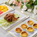 FOCUSLINE 8 PCS Plastic Serving Trays, White and Gold Rim Plastic Serving Platters, Disposable Tray for Food, Perfect for Wedding Parties