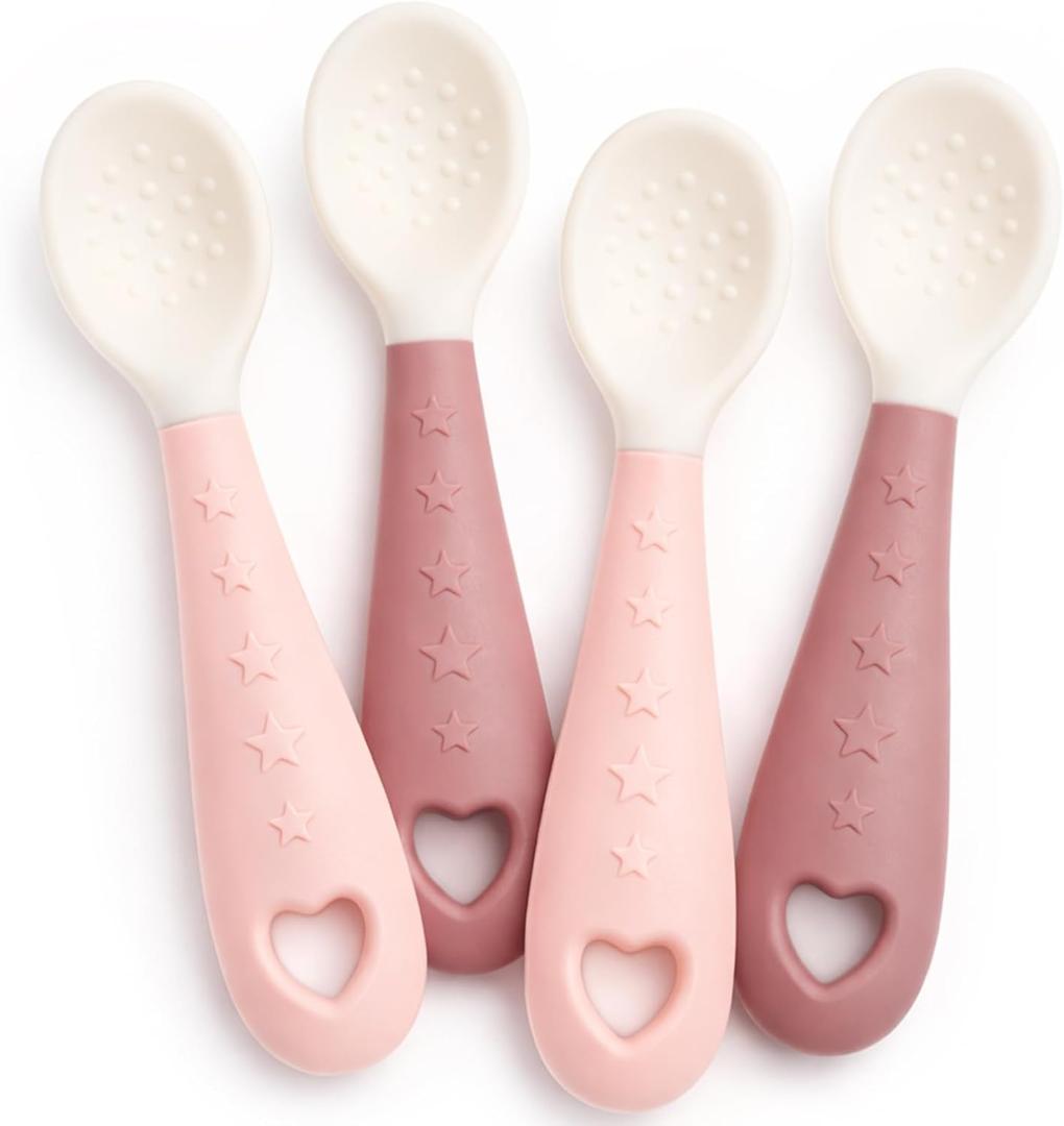 4-Pack Silicone Baby Spoons, Seposeve Soft Gum-Friendly First Feeding Spoons for Babies, Baby Feeding Utensils Essentials, Easy-Grip Handle, BPA Free, Dishwasher Safe, 2 Pink 2 Purple