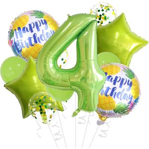 32 Inch 4 Balloon Number, Fruit Green and Gold Confetti Latex Foil Mylar Balloons for Anniversary Supplies Kids Birthday Party