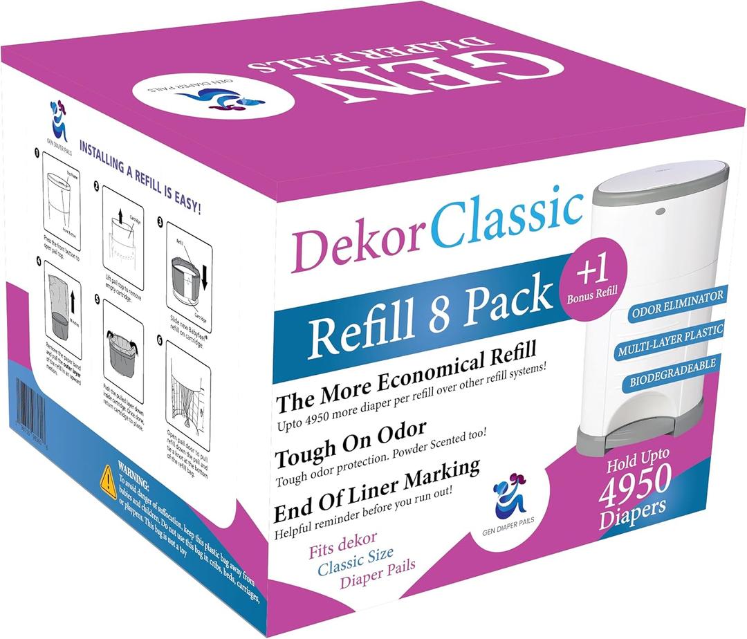 Pack of 8 +1 More Diaper Refill Liners Refills Compatible with DEKOR CLASSIC Diaper Pails Exclusive 30% Extra Thickness Diaper Pail Refills with Powerful Odor Elimination Leakage-proof, Powder Scent