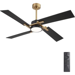 WINGBO 54 Inch Ceiling Fan with Light and Remote, 4 Plywood Blades, 6-Speed Reversible DC Motor, Dimmable, 3CCT, Farmhouse Ceiling Fan for Bedroom Living Room Kitchen, Brass and Black