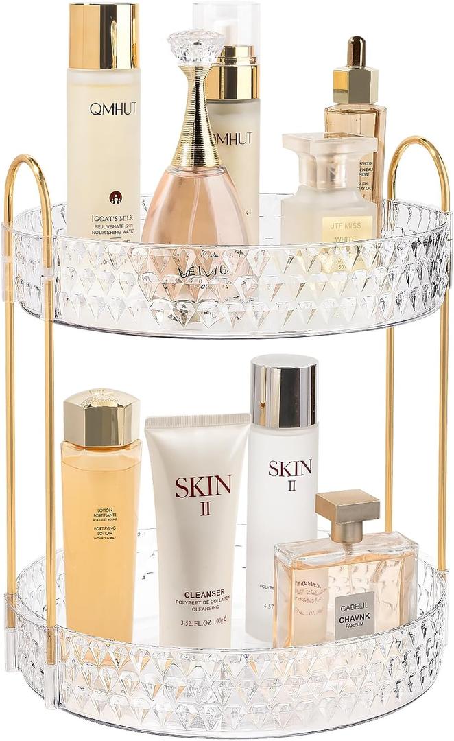 Rotating Makeup Organizer for Vanity, 2 Tier Perfume Skincare Storage for Women, Bathroom Counter Organizer, 360 Spinning Cosmetic Holder for Dresser Countertop, Clear