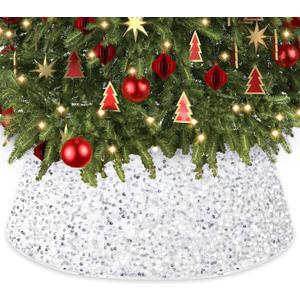 White Tree Collar 28.3Inch Diameter Christmas Tree Ring Basket for Artificial White Christmas Tree Decorations Silver Sequin Christmas Tree Skirt Round Xmas Tree Base Cover for Holiday Party