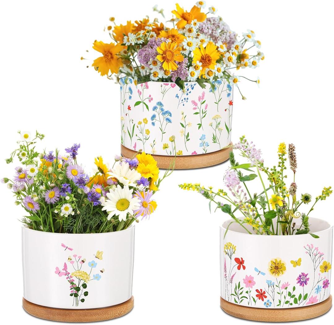 Mimorou 3 Pcs Wildflower Decor Gift for Women Ceramic Succulent Pots with Bamboo Tray for Spring Office Home Farm House Kitchen Decorations (No Plants Included)