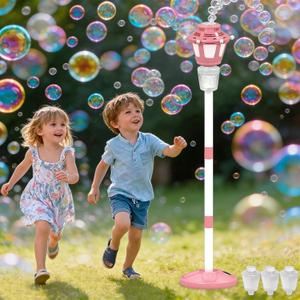 Bubble Machine for Kids Outdoor, 40" Adjustable Height Automatic Bubble Blower with Light & Rechargeable Battery, Bubble Maker Toy for Toddlers Party Birthday (Includes 3 Solution), Pink, Large