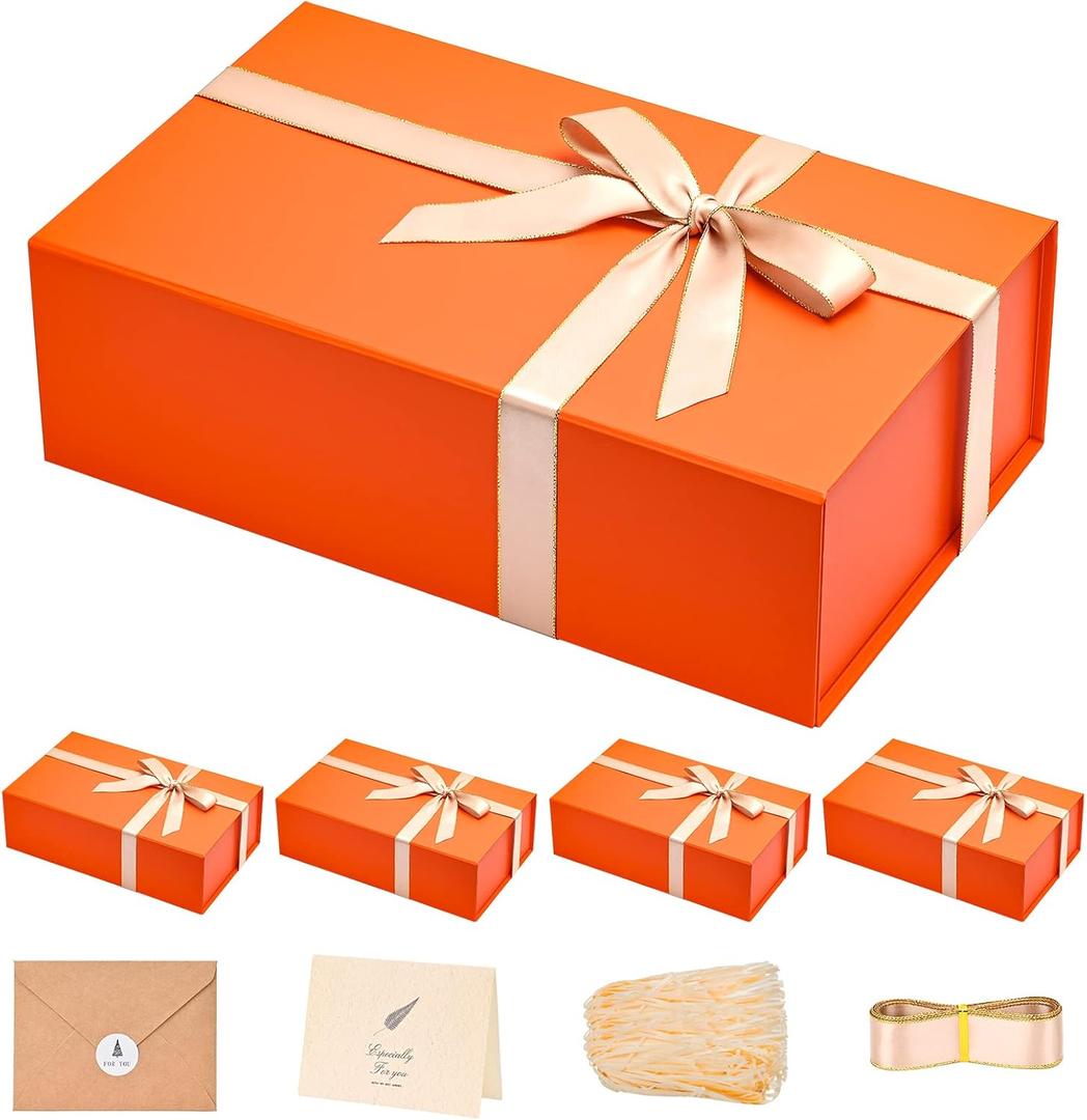 LIFELUM Christmas Gift Boxes 13.85 x 8.35 x 4.45 inch 5 Pack Gift Boxes with Lids Contains Card, Ribbon, Shredded Paper Filler (Orange)