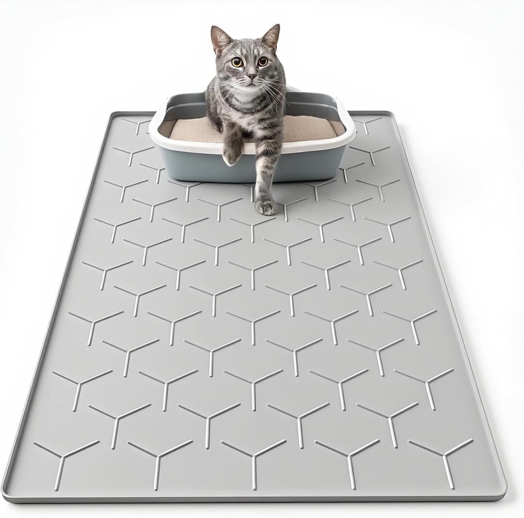 Garoopion Cat Mat for Litter Box, Large 34" X 22" Cat Litter Mat, Waterproof Silicone Pad for Floor, Gray