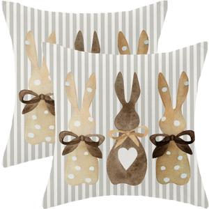 CXMEIFLY Easter Pillow Covers 18x18 Inch Set of 2 for Vintage Grey Stripes Bunny Decor Throw Pillows Spring Bow Rabbit Outdoor Farmhouse Decorative Cushion Cases for Couch Bed Decoration