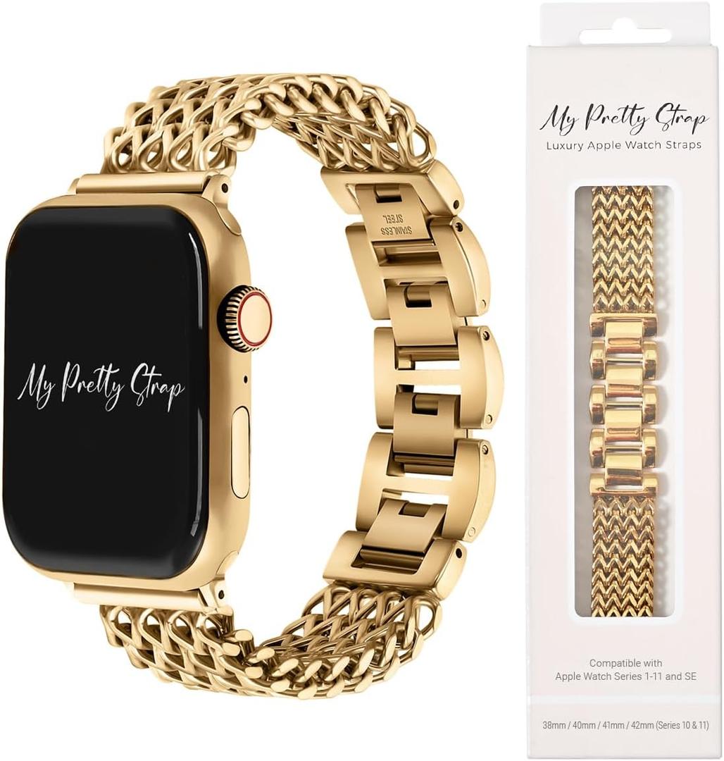 My Pretty Strap - Compatible Apple Watch Band Strap, Stainless Steel Fashion iWatch Replacement Strap- Easy Resizing, No Tool Needed, Fits Most Wrists- Series 1-11, SE and Ultra