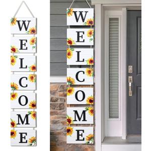 Threan 59 Inch Sunflower Welcome Sign Wooden Porch Sign 3D Welcome Hanging Wall Signs with 7 Sunflower Panels Farmhouse Front Porch Summer Outdoor Decor Rustic Wooden Signs for Home Kitchen Garden