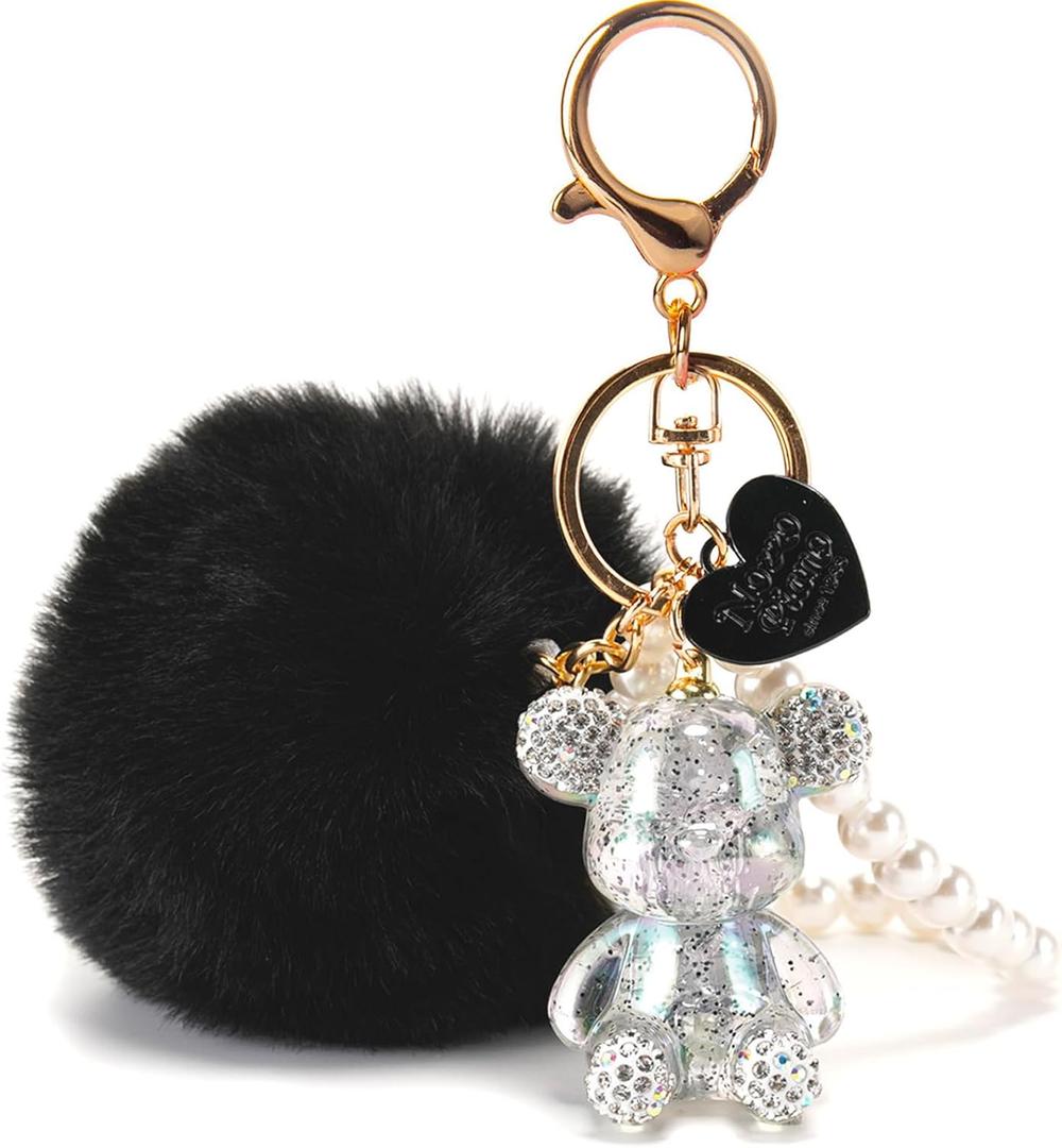 YOU WIZV Kawaii Cute Bear Keychain for Women, Bling Gummy Teddy Bear Pom Pom Key Chain Girly Wristlet Keychain for Backpack (Black)