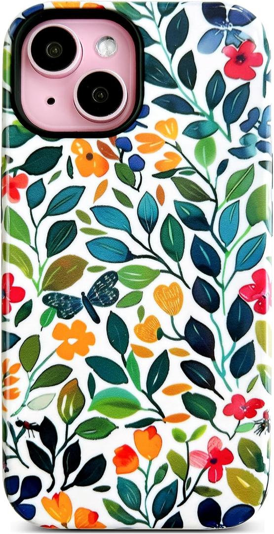 Qokey for iPhone 15 Case(6.1"), 2 Layer Hybrid Flowers Heavy Duty Hard Blossoms Shell + Soft Silicone Protective Shockproof Durable Scratch-Resistant Cover,Green Leaves