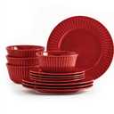 Tabletops Gallery Richmond 12-Piece Reactive Glaze Stoneware Dinnerware Set of Kitchen Dishes, Dinner Plates, Cereal Bowls, Service for 4, Red
