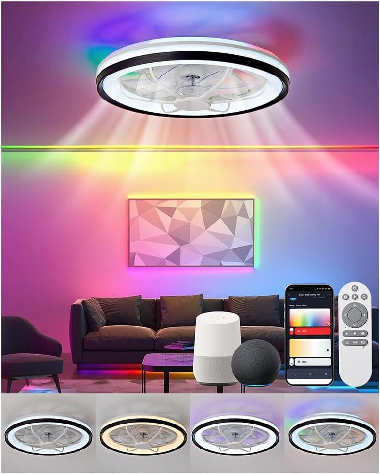 18.9" Modern Smart Ceiling Fan with Light and Remote Control,Flush Mount Low Profile Dimmable Ceiling Fan,Stepless Dimming Light and 6 Speeds Fan for Bedroom Works with Alexa Google-826 Black