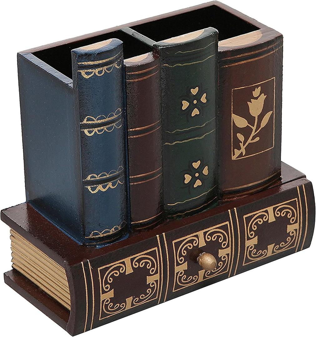 MyGift Decorative Desk Organizer Caddy, Pencil and Pen Holder with Bottom Storage Drawer and Antique Library Books Design