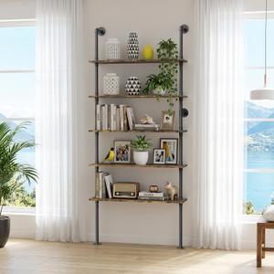 Merapi 5 Tier Wall Mounted Shelves for Kitchen Storage, Book Storage & Coffee Bar Organization, Rustic Farmhouse Floating Shelf with Industrial Pipe Design for Pantry, Bathroom & Wall Decor