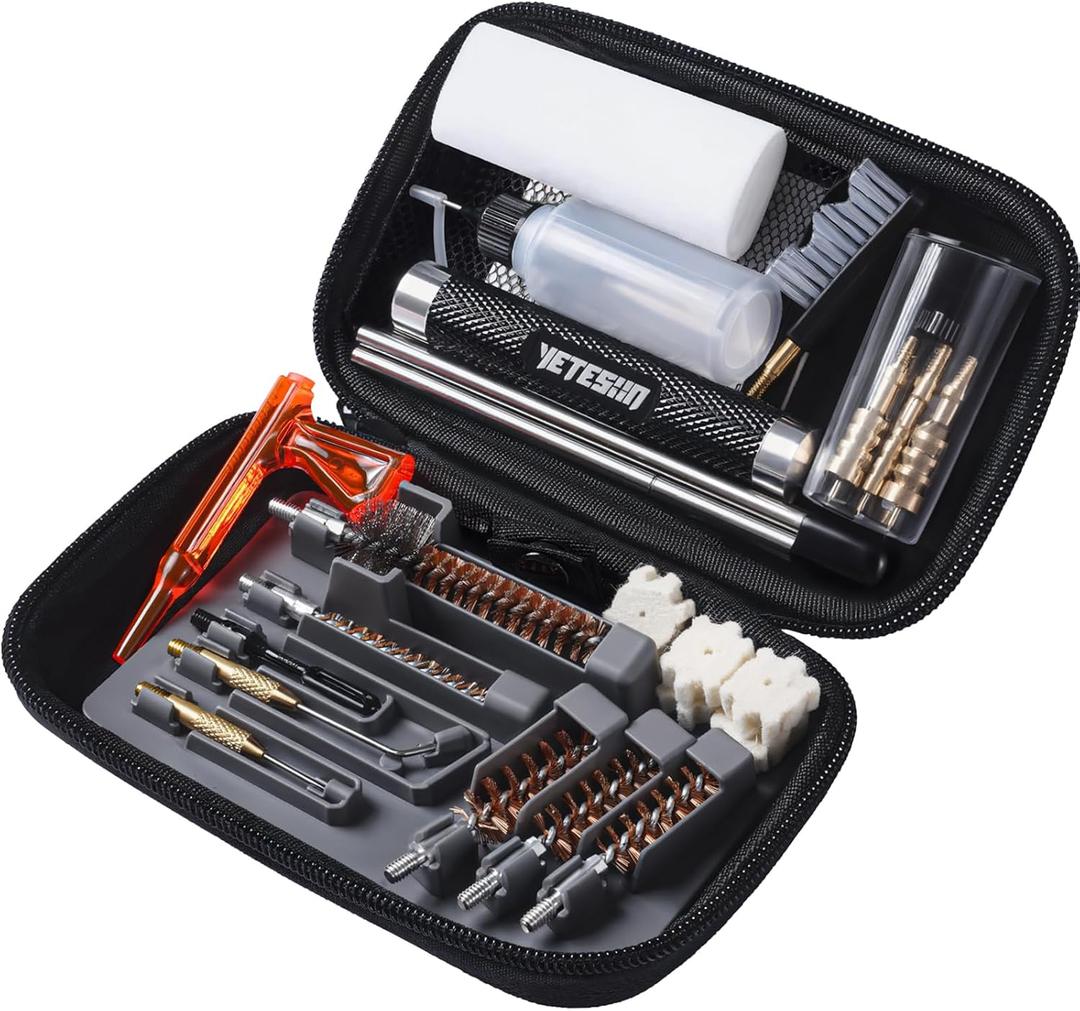 Gun Cleaning kit Pistol Rifle Handgun - Cleaner for .22, 357, 40, 45, 9mm, 223, 5.56 Caliber with Portable Case, Bronze Bore Brush, Chamber Brush, Brass Jag, Steel Pick, Patch Holder, Steel Rod