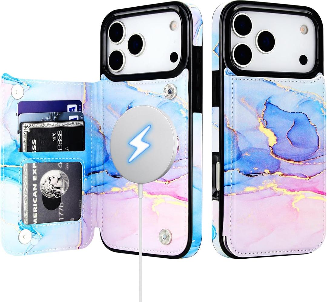 HAOPINSH Wallet Case for iPhone 17 Pro Max,Compatible with MagSafe Wireless Charging, Pink Blue Marble Pattern Back Flip Folio PU Leather Kickstand Card Slots Case Double Magnetic Clasp Cover 6.9"