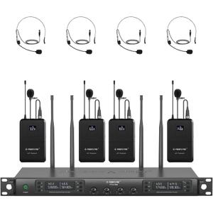 Phenyx Pro 4-Channel Wireless Microphone System, UHF Auto Scan Cordless Mic Set, 4 Bodypacks w/Headsets/Lapel Mics, 4x40 Frequencies, 328ft Coverage, Mic for Church, DJ, Meeting (PTU-7000-4B)