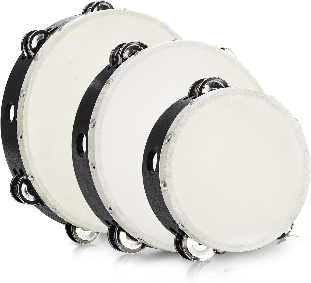 Tosnail 3 Pack 10 Inch, 8 Inch, 6 Inch Wooden Tambourine, Hand Held Drum Bell, Double Rows Metal Jingles, Musical Gift Educational Instrument, Black
