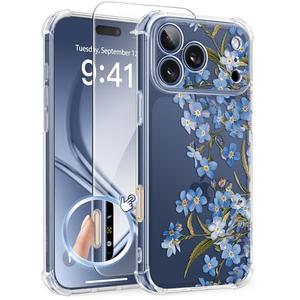 GVIEWIN for iPhone 17 Pro Max Case with Screen Protector, Upgraded [Full Camera Protection] [Non Yellowing] Floral Slim Shockproof Clear Women Phone Cover for iPhone 17 Pro Max 6.9" (Aconite/Blue)