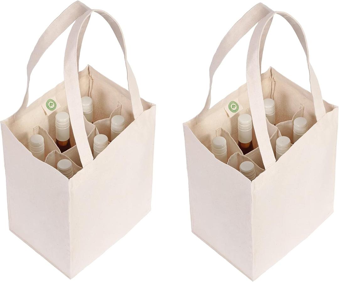 Reusable Canvas Wine Tote for 6 Bottles - Extremely Sturdy and Washable Cotton Wine Bag - Easy and Convenient to Shop with Reusable Totes (2 Bags)
