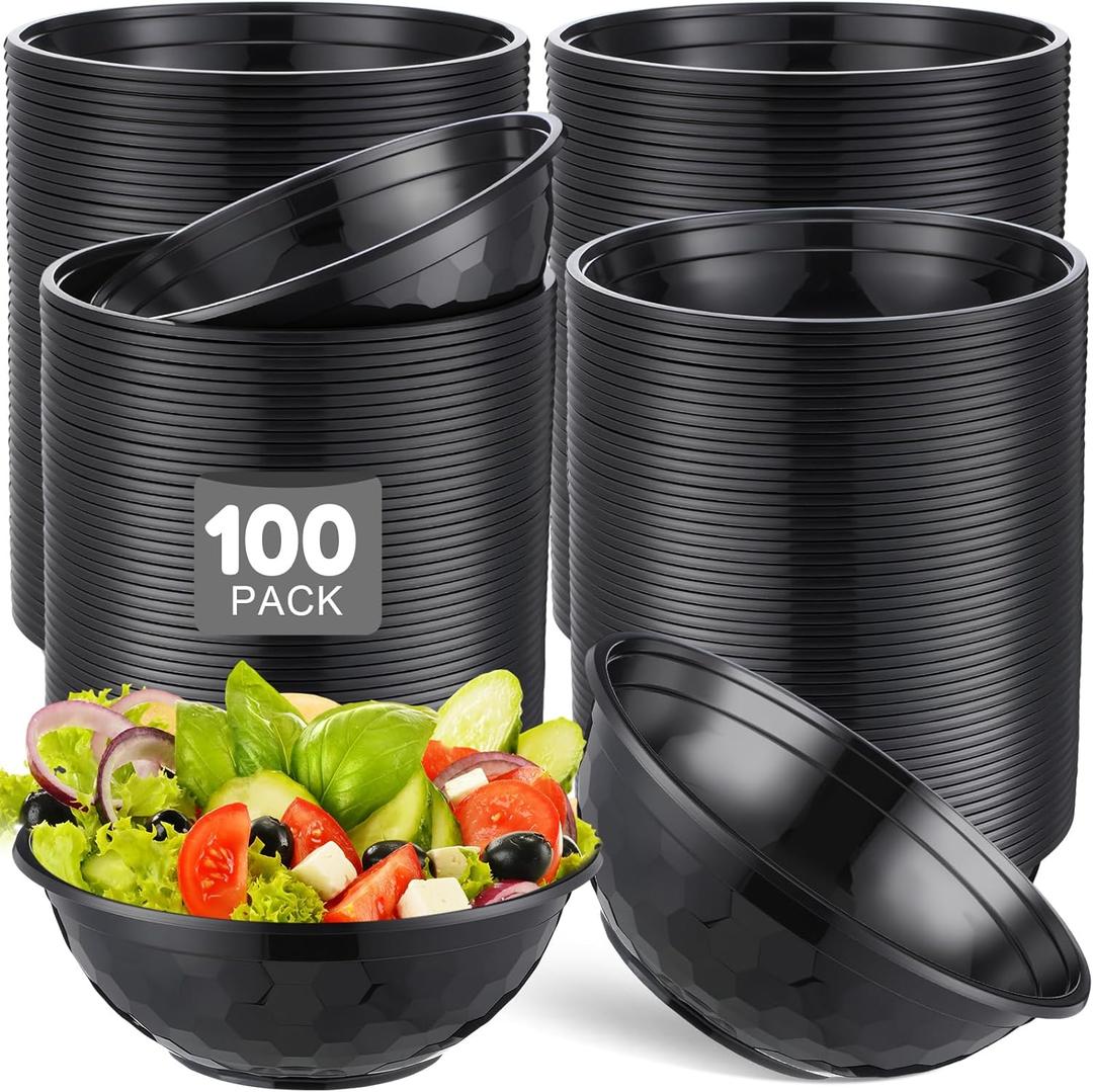 100 Pack 32oz Black Disposable Plastic Bowls Plastic Salad Bowls Large Stackable Serving Soup Dinnerware for Birthdays, Weddings, Parties, Festivals