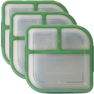 MyGo Container Small To-Go 3-Compartment Food Containers, Pack Of 3, 8" x 8" x 2-1/2", Reusable, Microwave Safe, NSF Certified, Smoke/Green