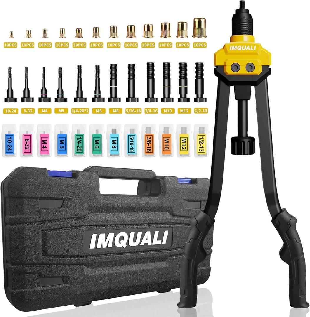 Rivet Nut Tool Rivet Nut Kit, 16" Rivnut Tool Kit with 13 Metric & SAE Mandrels Rivet Nut Assortment Kit with 130 Rivet Nuts, Hand Riveters Nutsert Tool Kit with Durable Blow Molded Case (Black)