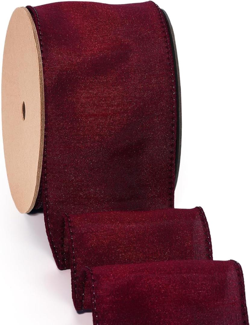 LaRibbons Burgundy Ribbon Wired 2.5 Inch x 10 Yards Dark Red Dupioni Ribbon for Christmas Gift Wrapping Flower Bouquet Wreath Bow Party Home Decoration, Royal Burgund