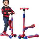 Red and Blue 3 Wheel Scooter with Seat for Kids, Light-Up Wheels, Adjustable Lean to Steer Handlebar and Seat, Smooth Wheels, Wide No-Slip Deck, Rear Foot Brake, Toddler Outdoor Toys for Ages 2+