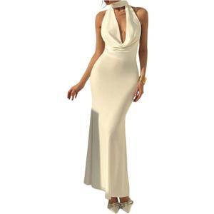 SOLY HUX Women's Cowl Neck Halter Bodycon Long Dress Sleeveless Fishtail Party Cocktail Maxi Dresses (Medium)