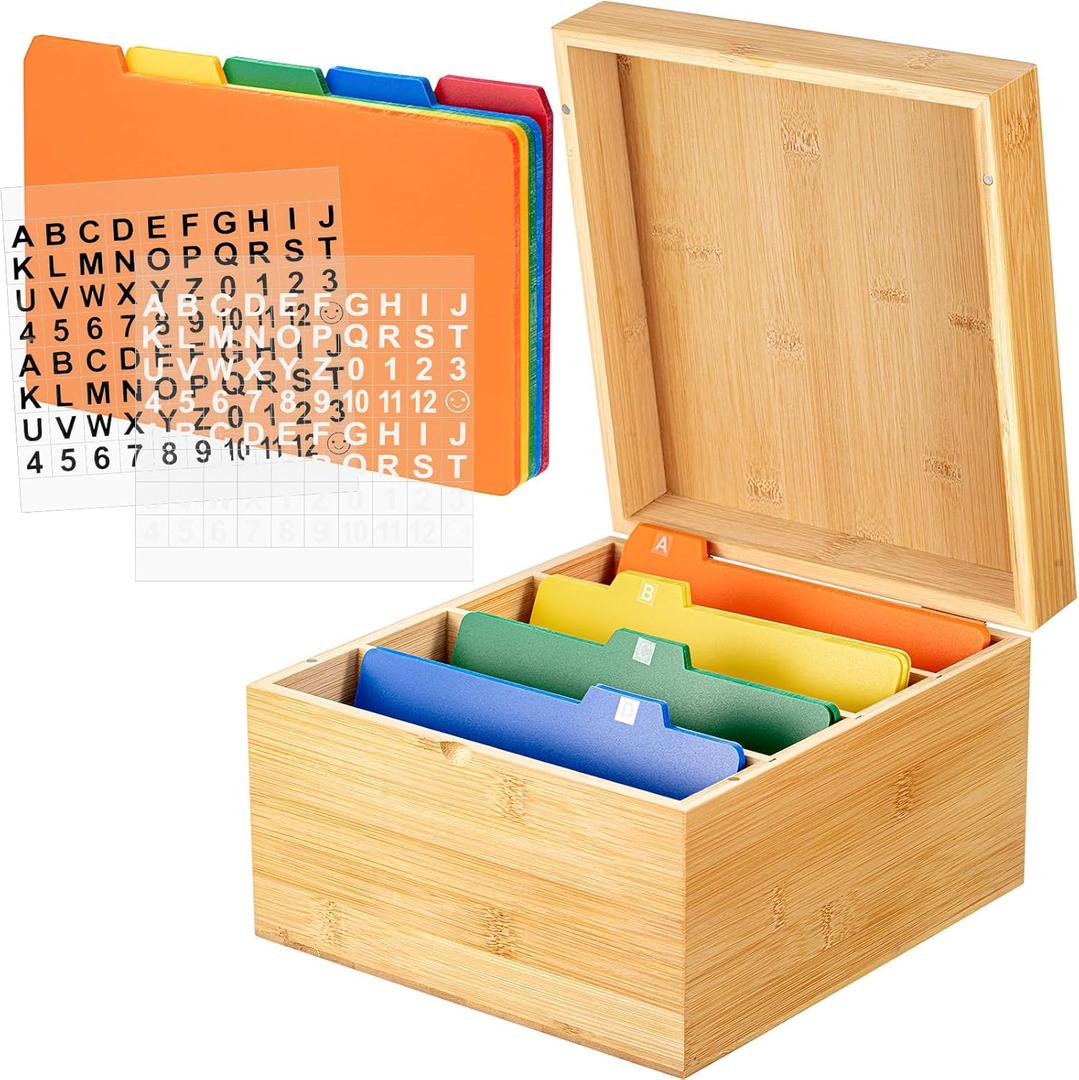Henoyso 5 x 8 Inch Index Card Holder Set, Bamboo Organizer Box with 50 Dividers & 2 Sheets Alphabet Number Stickers File Note Holders, Holds 1200 Cards for Office Business Home Kitchen, Wooden Color