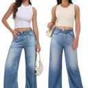 Wide Leg Jeans for Women Trendy Terry Look Like Denim High Wisted Stretchy Loose Baggy Denim Pants with Pockets (Large, Zipper Blue)