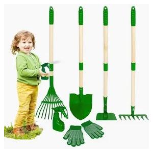 CHEERBANK 7PCS Kids Gardening Tools, Long Shovel, Rake for Leaves, Spade, Hoe, Steel Heads & Real Wood Handle, Yard Tools for Children Toddlers Gifts Green