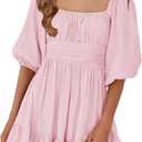 Girls Summer Dresses Square Neck Lantern Sleeve Tie Backless Ruffle A-Line Party Mini Dress, Medium, Pink