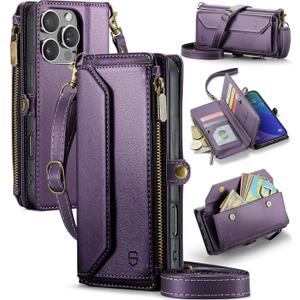 Strapurs Wallet Case Compatible with iPhone 16 Pro 6.3" RFID Blocking 10-Card Holder Soft PU Leather Magnetic Snap Shoulder Strap Zipper Pocket Phone Case Fit for iPhone 16 Pro for Women - Purple