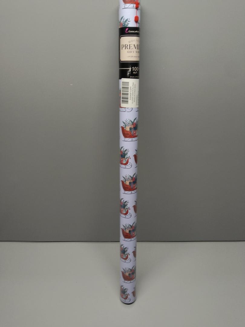 LaRibbons Christmas Wrapping Paper Jumbo Roll with Red Pom Pom, Classic Sled Design Gift Wrap Set for Christmas, Holiday, Party Celebration, 30 Inch X 40 Feet (100 sq. ft. ttl.)