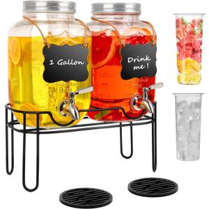 Drink Dispenser (2 Pack) With Metal Stand,Drink Dispensers for Parties,1 Gallon Beverage Dispenser with Stainless Steel Spigot & Lid,Come with Ice Cylinder,Fruit Tube and 2 Rubber Mats