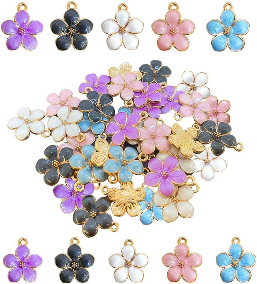 30 pcs Gold Plated Enamel Cherry Blossoms Flower Charms Pendan Cute Small Flower Pendants for Jewelry Making Kit Bracelet Necklace Earrings Keychain DIY Crafts Crafting (Color)