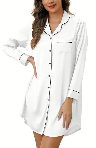 Samring Womens Night Shirts for Sleeping Satin Nightshirt Long Sleeve Button Down Sleepshirt Silk Pajamas Nightgown White XXL