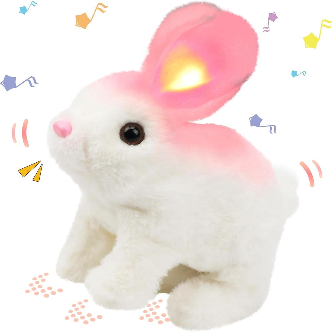 Hopearl Hopping Rabbit with LED Ears Interactive Electronic Pet Plush Bunny Toy with Sounds and Movements Animated Walking Wiggle Light up Ears Twitch Nose Gift for Toddlers Birthday, White, 7''
