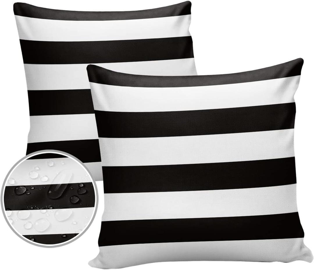 Outdoor Pillows 18x18 Waterproof Outdoor Pillow Covers, Black White Stripes Polyester Throw Pillow Covers Garden Cushion Decorative Case for Patio Couch Decoration Set of 2, Geometric