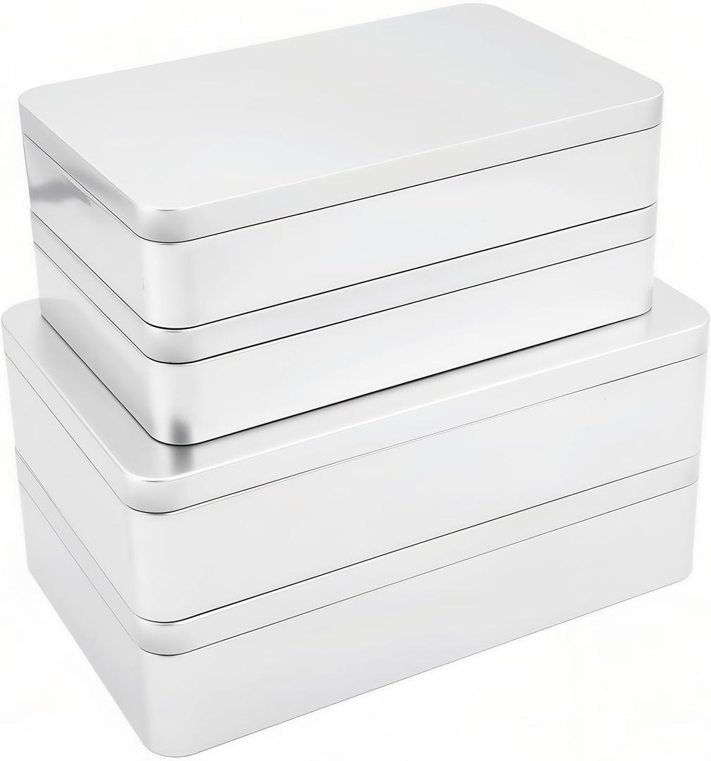 4 Pieces Mixed Sizes Rectangular Empty Tin Box Containers for Gift, Jewelery & Home Organization (Silver)