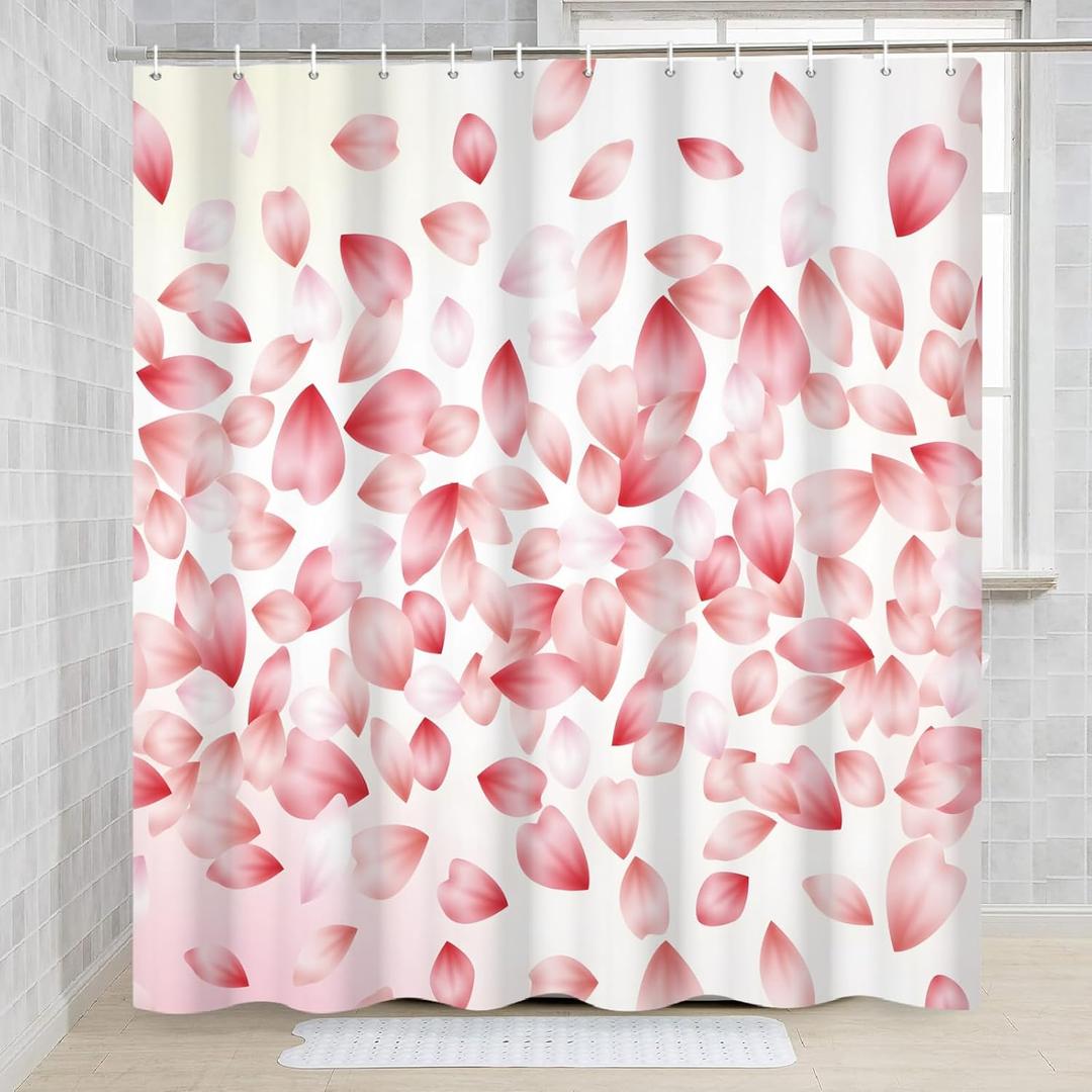 Pink Floral Shower Curtain with Hooks, Romantic Pink Petal Rain Bath Curtain, Waterproof Polyester Fabric for Bathroom Decor, 72 x 72 Inch